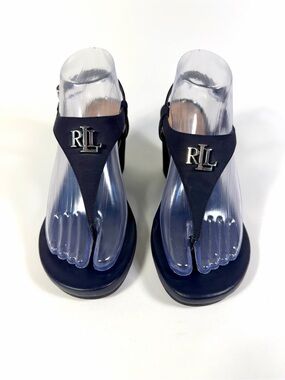 Lauren Ralph Lauren Jeannie Wedge Sandal for Women Adjustable TStrap Navy Sz 8.5